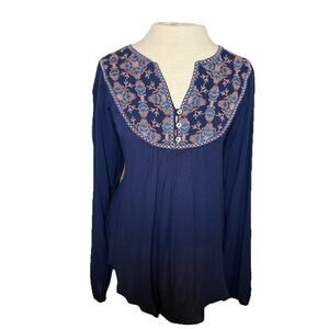 Nurture Navy Peasant Blouse Size Medium Embroidered Floral